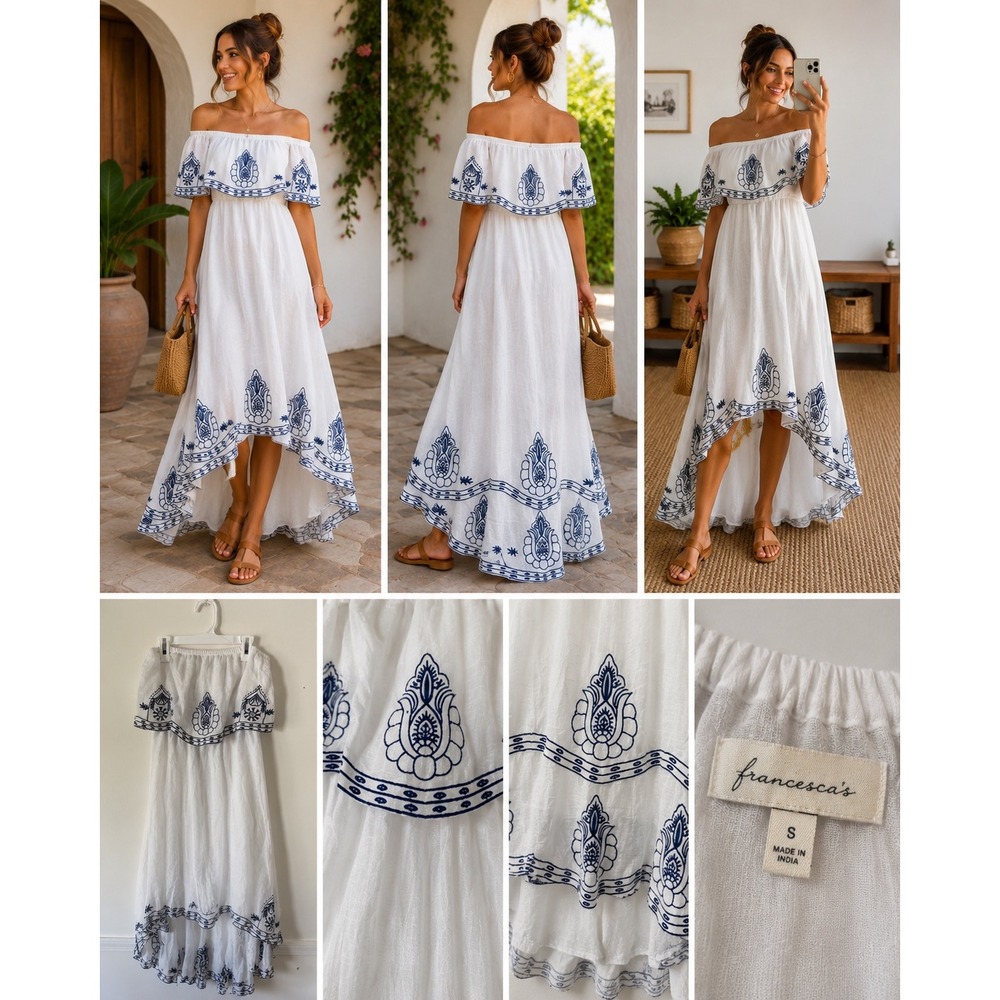 Alya Francesca's White Navy Embroidered Off Shoulder High Low Maxi Dress XS NWT